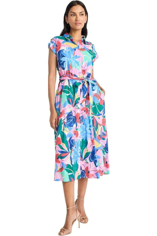 Maggy London Ivory Pink Tropical Floral Shirt Dress