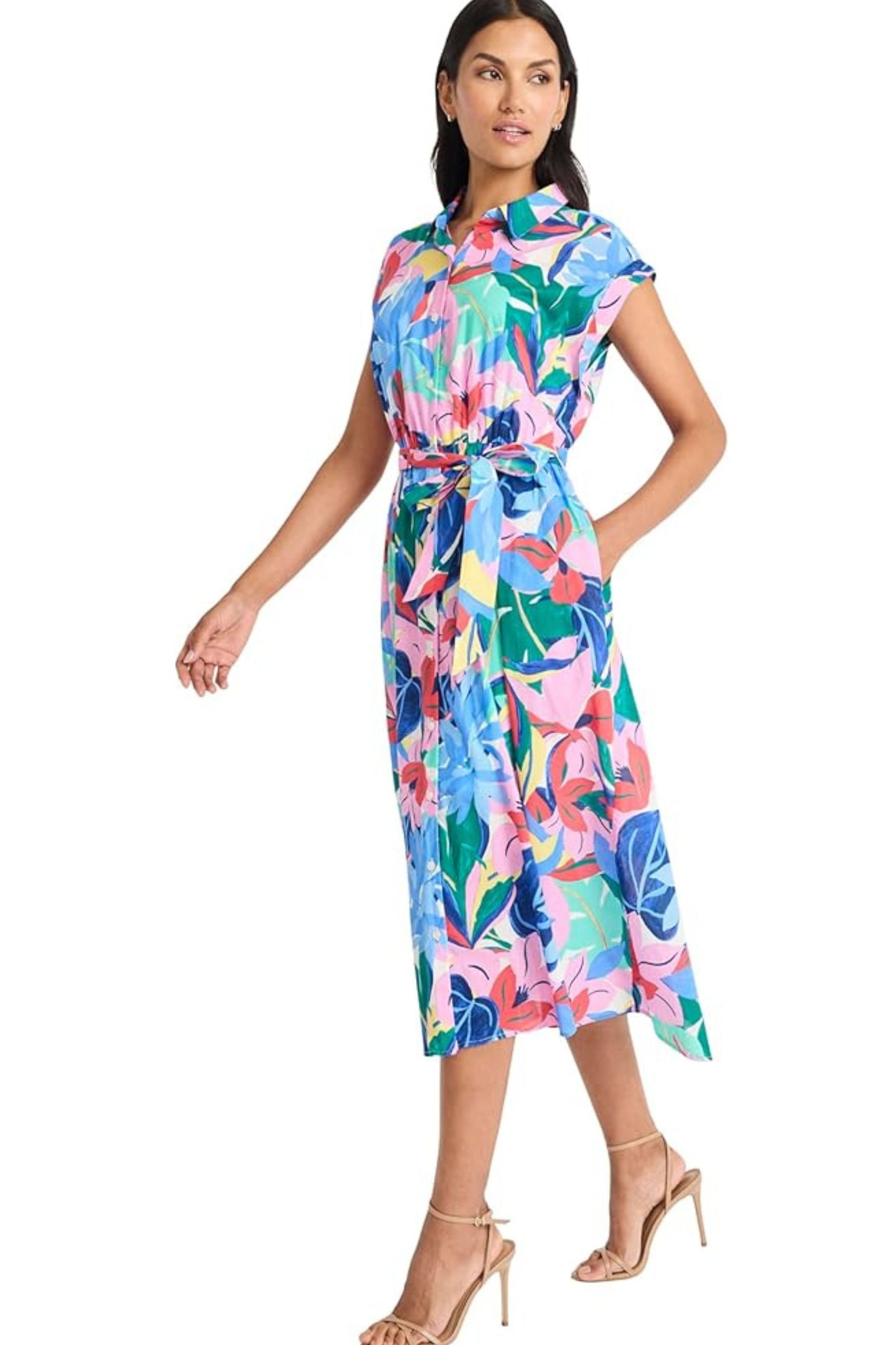 Maggy London Ivory Pink Tropical Floral Shirt Dress