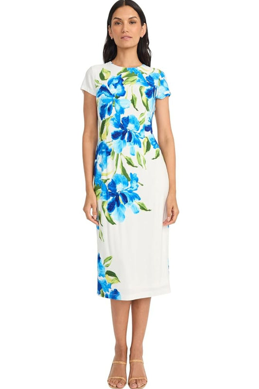 Maggy London Royal Blue Floral Sheath Midi Dress