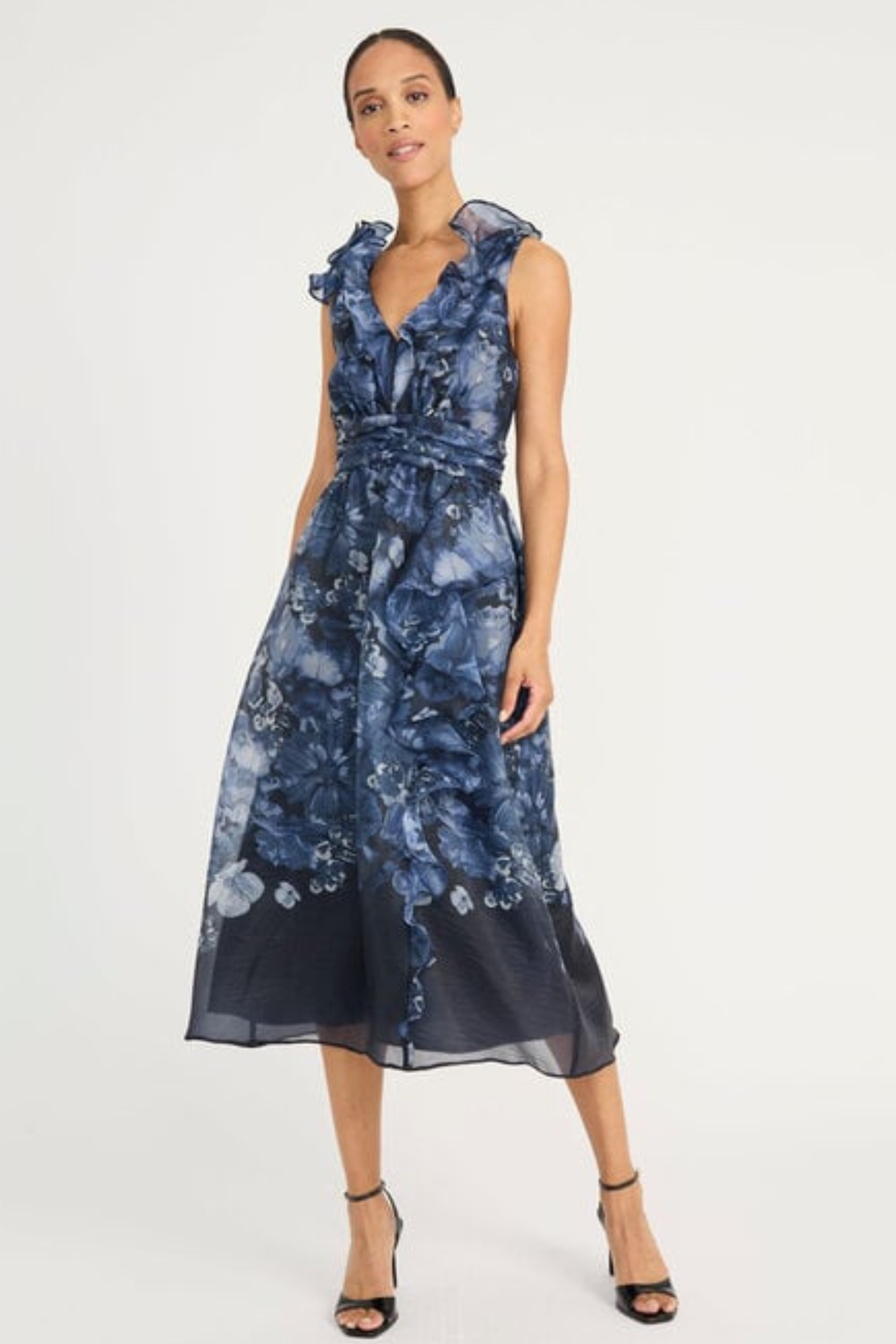 Maggy London Navy & Grey Floral Ruffled V-Neck Midi Party Dress