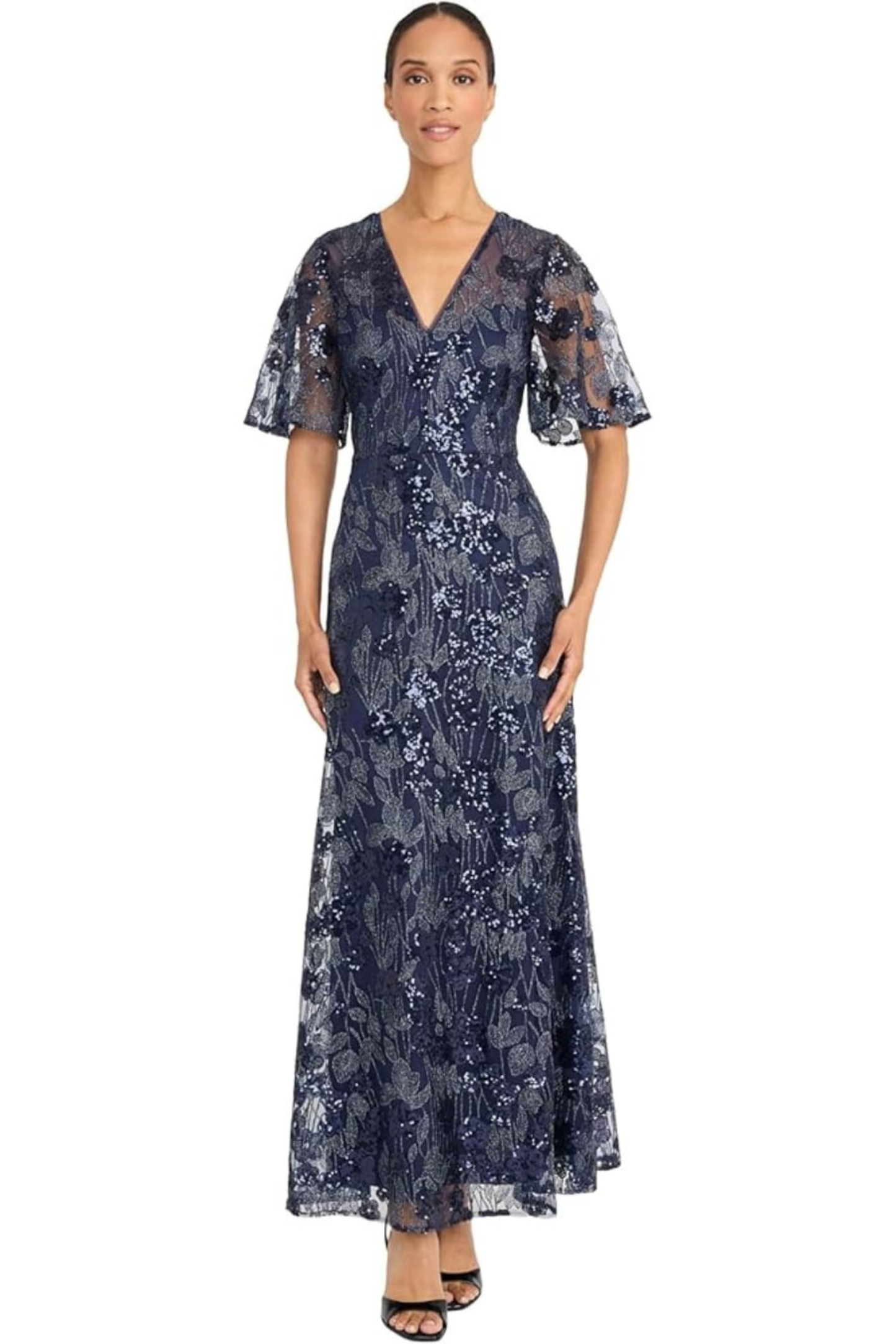 Maggy London Navy Sequined Floral Lace Flutter-Sleeve Maxi Party Dress