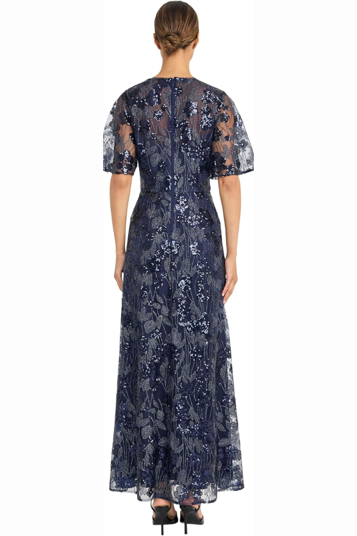 Maggy London Navy Sequined Floral Lace Flutter-Sleeve Maxi Party Dress