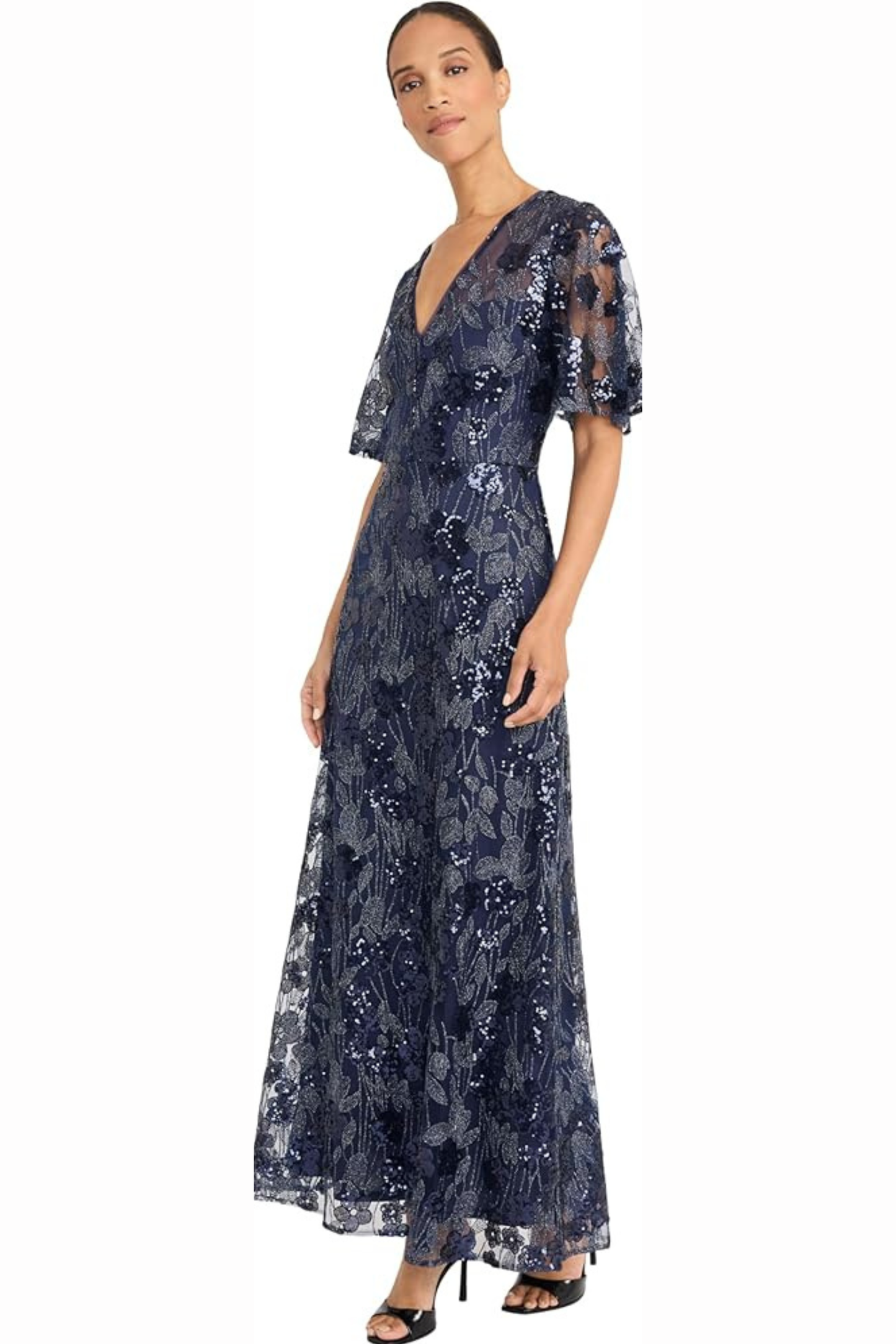 Maggy London Navy Sequined Floral Lace Flutter-Sleeve Maxi Party Dress