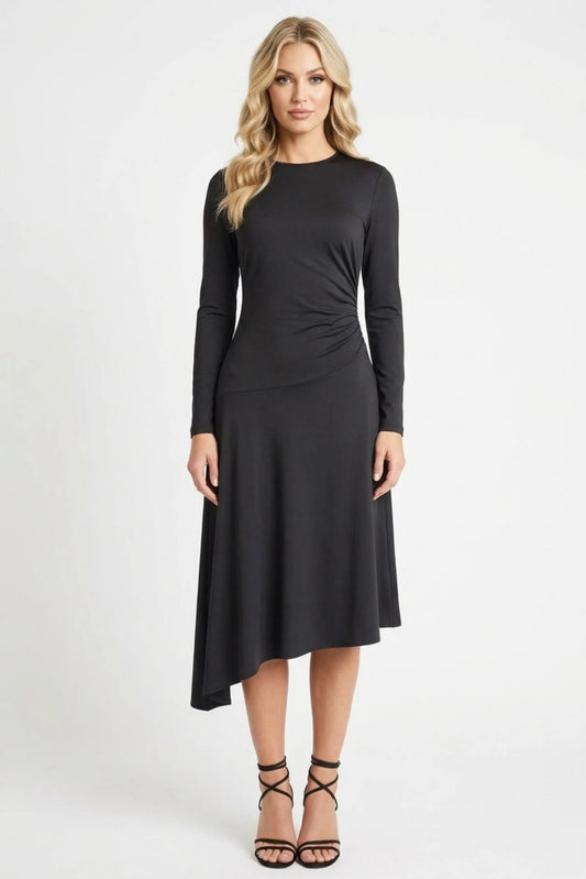 Maggy London Black Long-Sleeve Asymmetrical Ruched Midi Dress