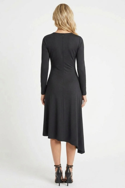 Maggy London Black Long-Sleeve Asymmetrical Ruched Midi Dress