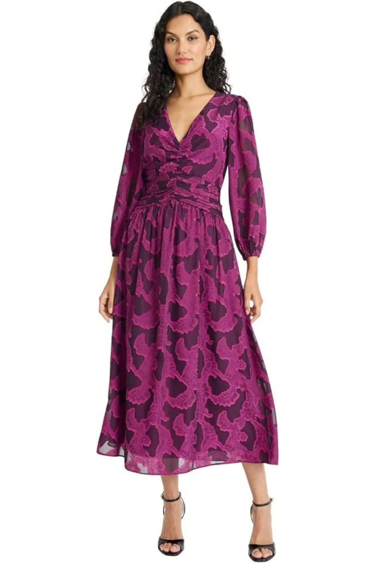 Maggy London Magenta Jacquard Ruched V-Neck Midi Dress