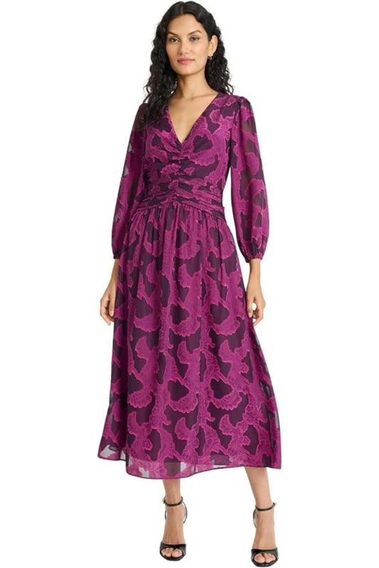 Maggy London Magenta Jacquard Ruched V-Neck Midi Dress