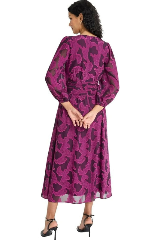 Maggy London Magenta Jacquard Ruched V-Neck Midi Dress