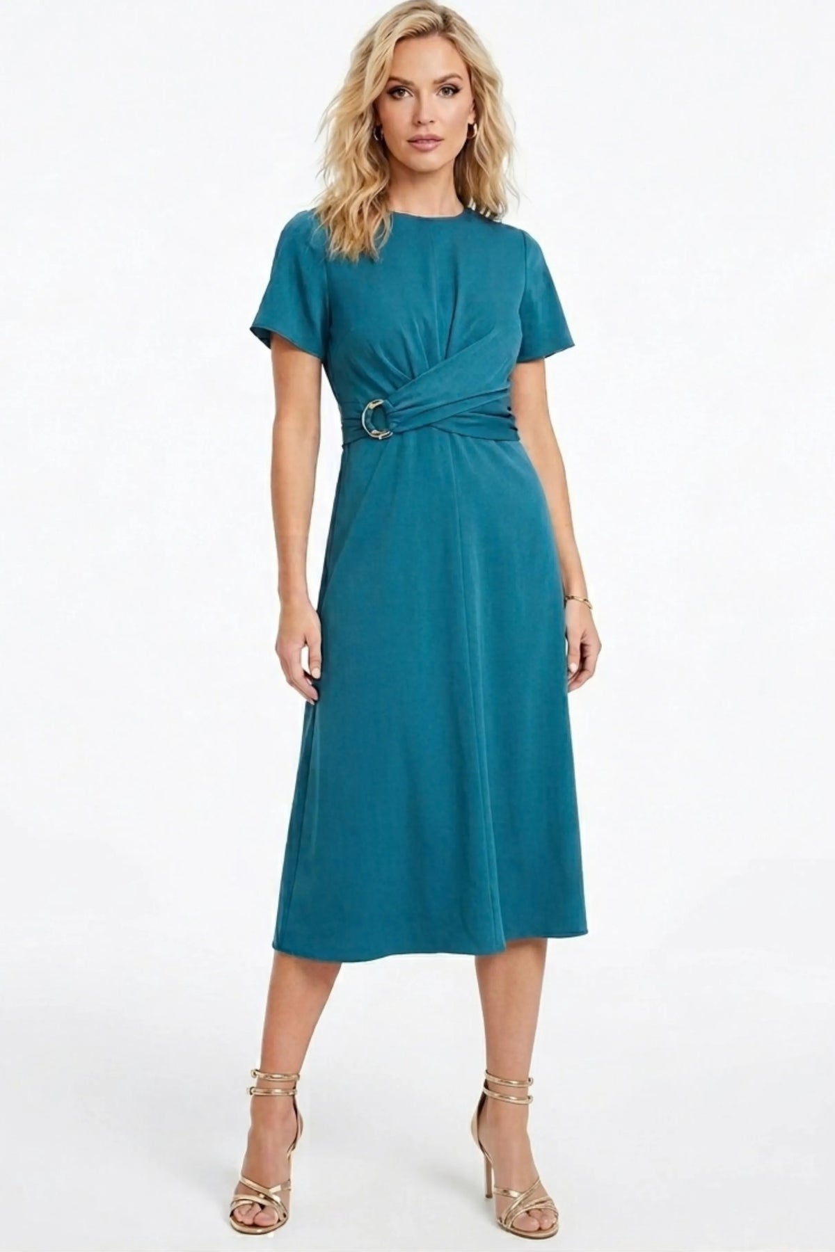 Maggy London Green Heron O-Ring Twist Waist Midi Dress
