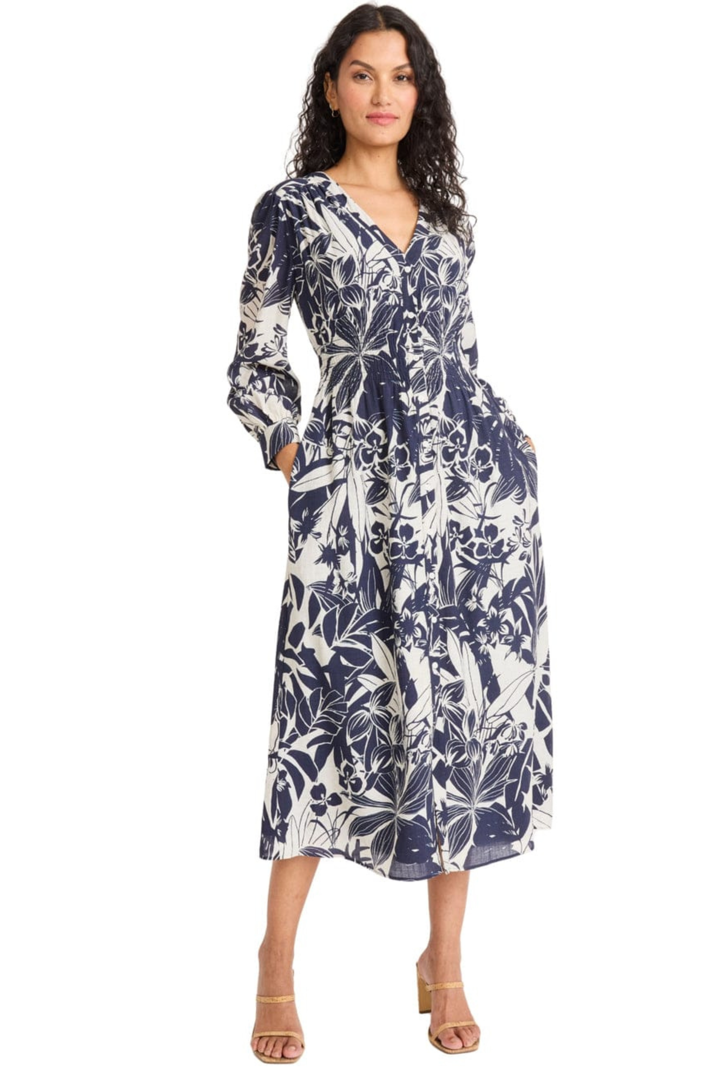 Maggy London Navy & Ivory Botanical Long-Sleeve Midi Daydress