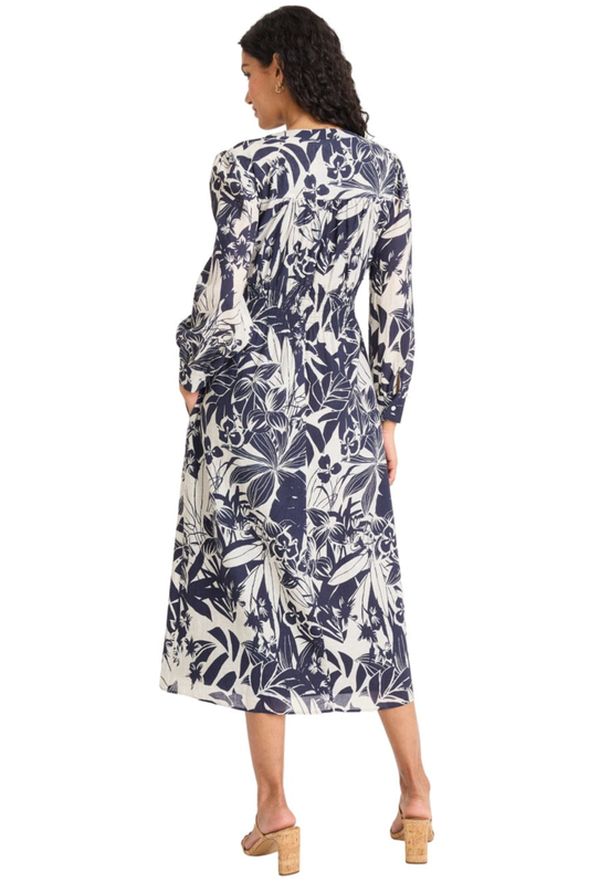 Maggy London Navy & Ivory Botanical Long-Sleeve Midi Daydress