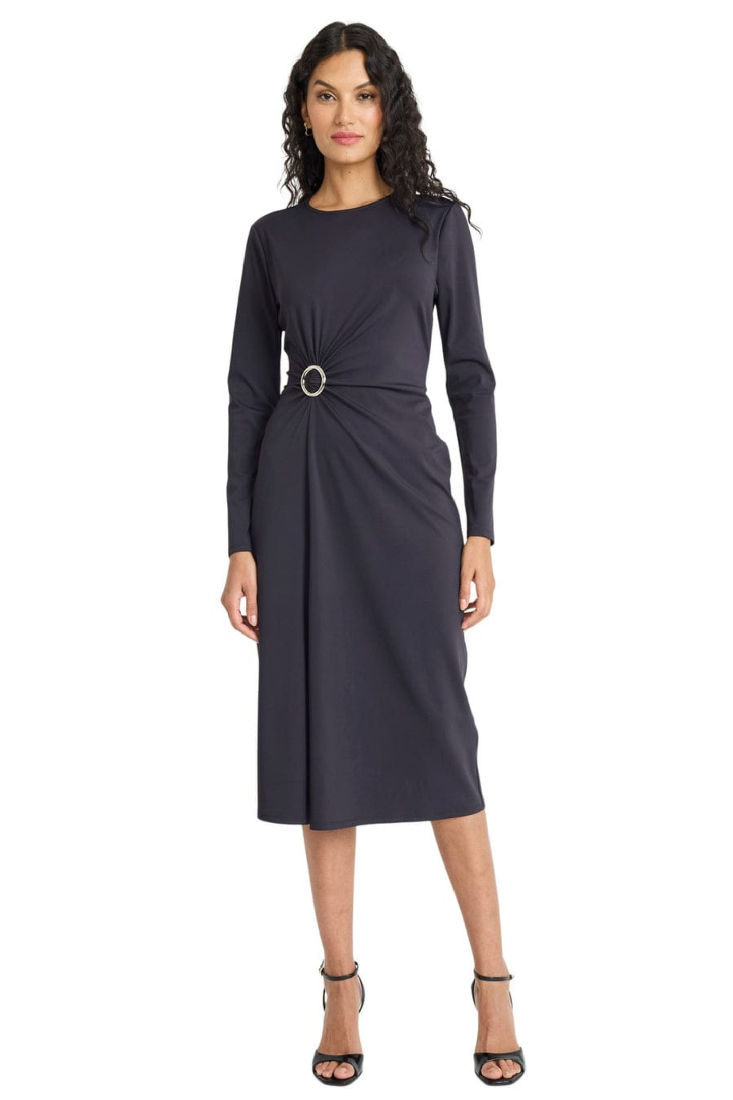 Maggy London Black O-Ring Gathered Long-Sleeve Midi Dress