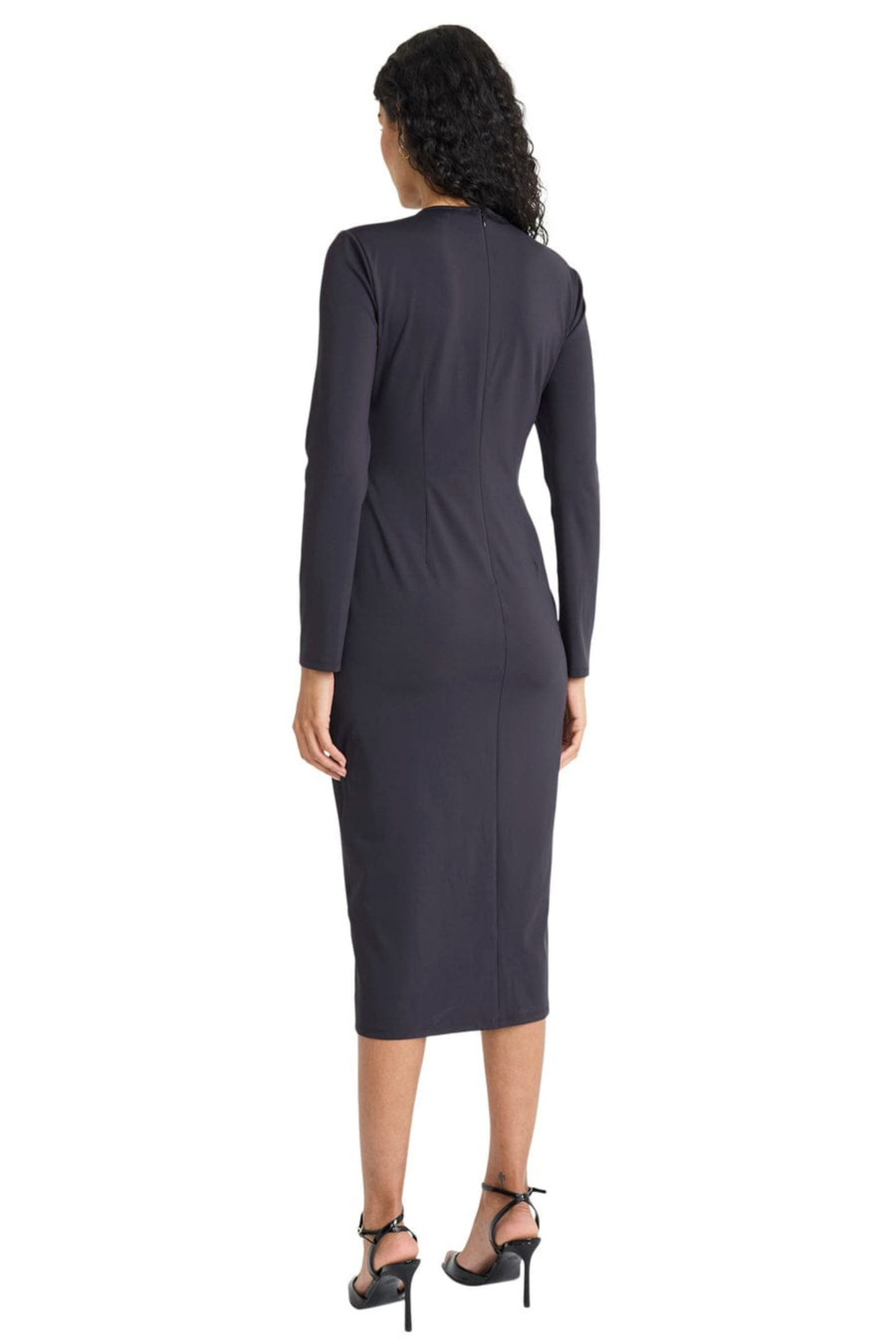 Maggy London Black O-Ring Gathered Long-Sleeve Midi Dress