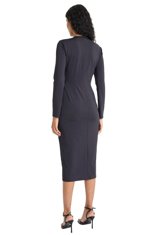 Maggy London Black O-Ring Gathered Long-Sleeve Midi Dress
