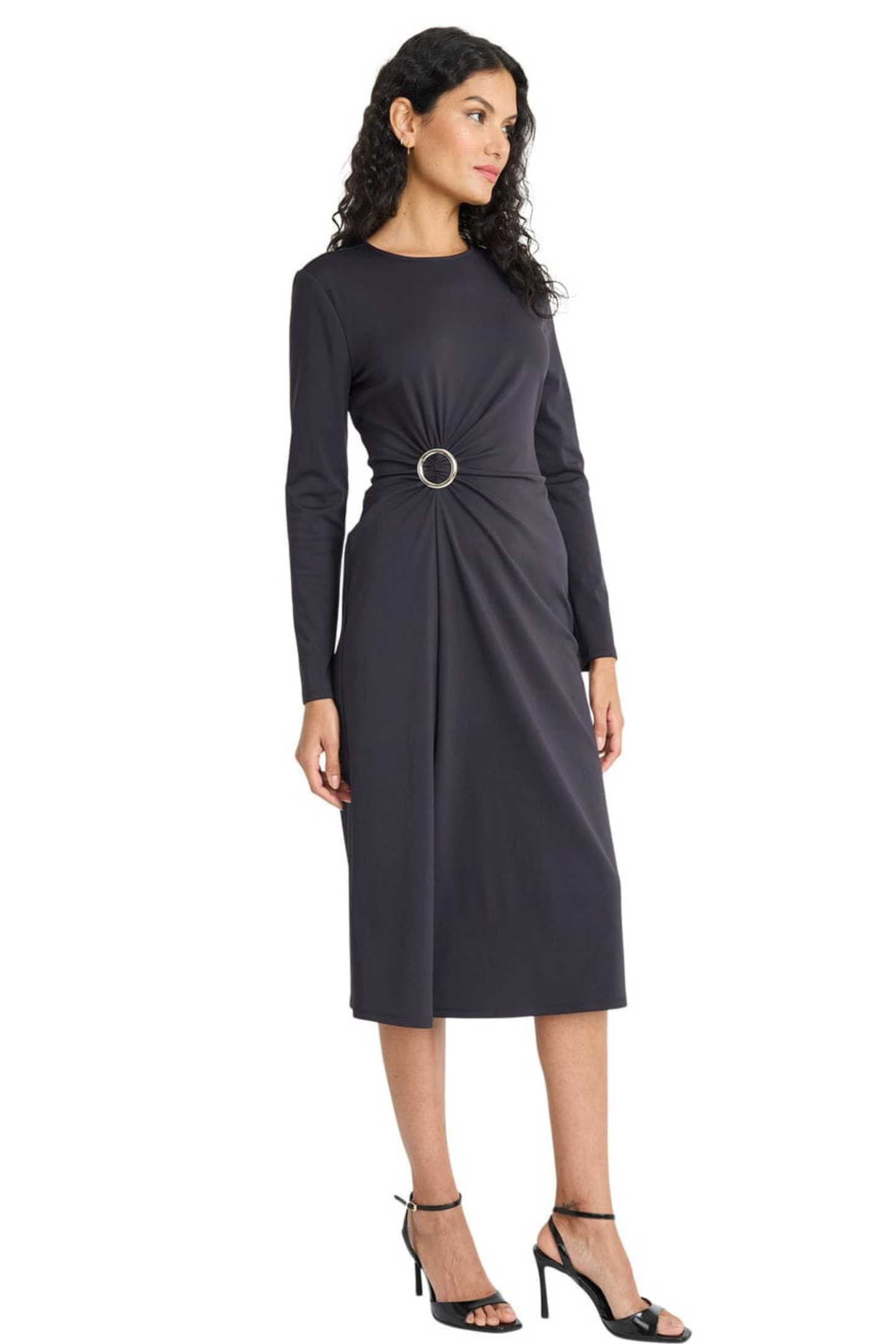 Maggy London Black O-Ring Gathered Long-Sleeve Midi Dress