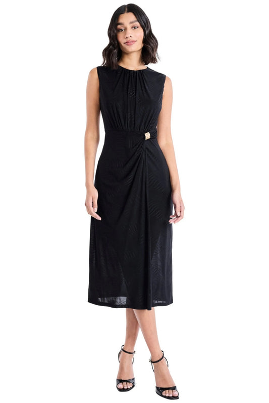 Maggy London Black Jacquard Drape Front Side-Buckle Midi Dress