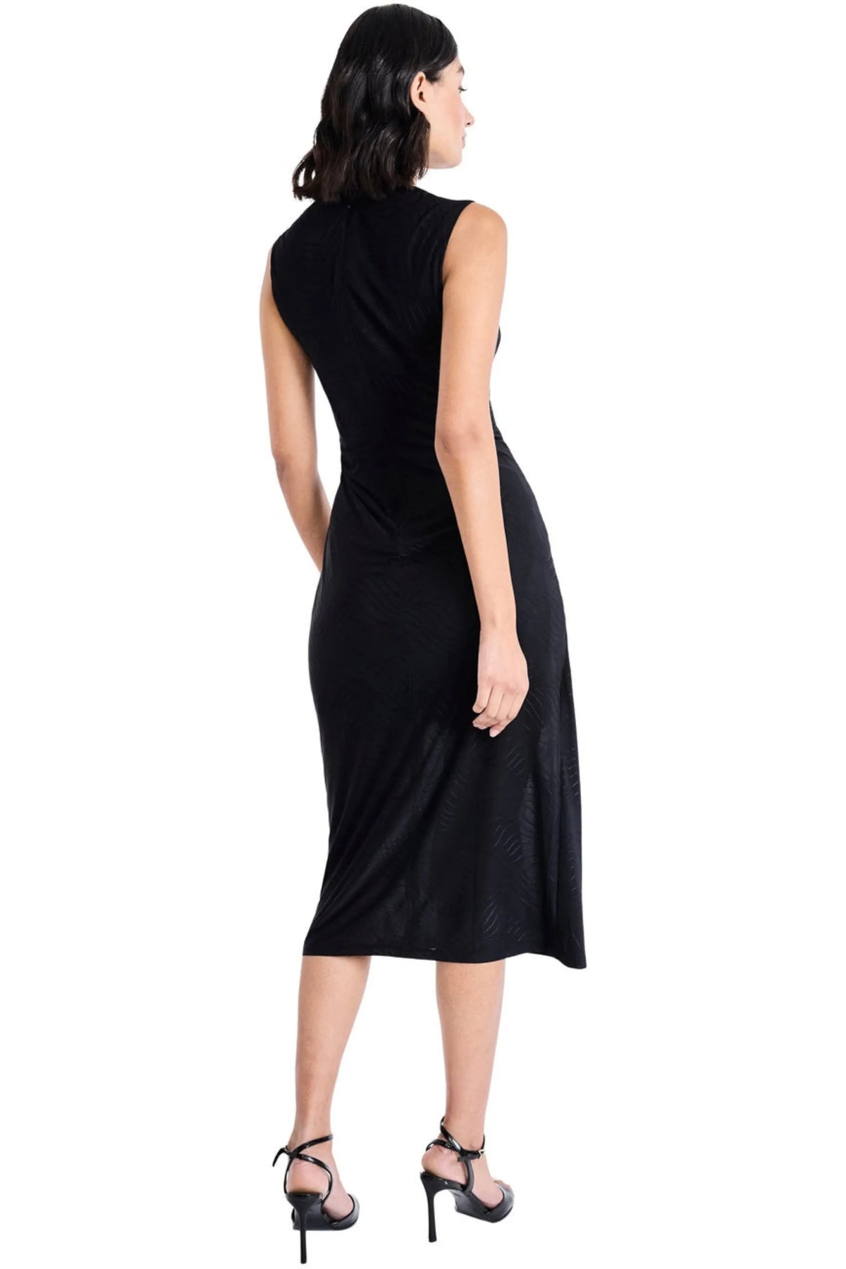 Maggy London Black Jacquard Drape Front Side-Buckle Midi Dress