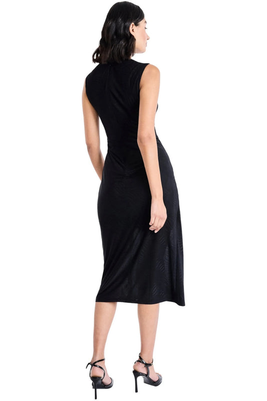 Maggy London Black Jacquard Drape Front Side-Buckle Midi Dress