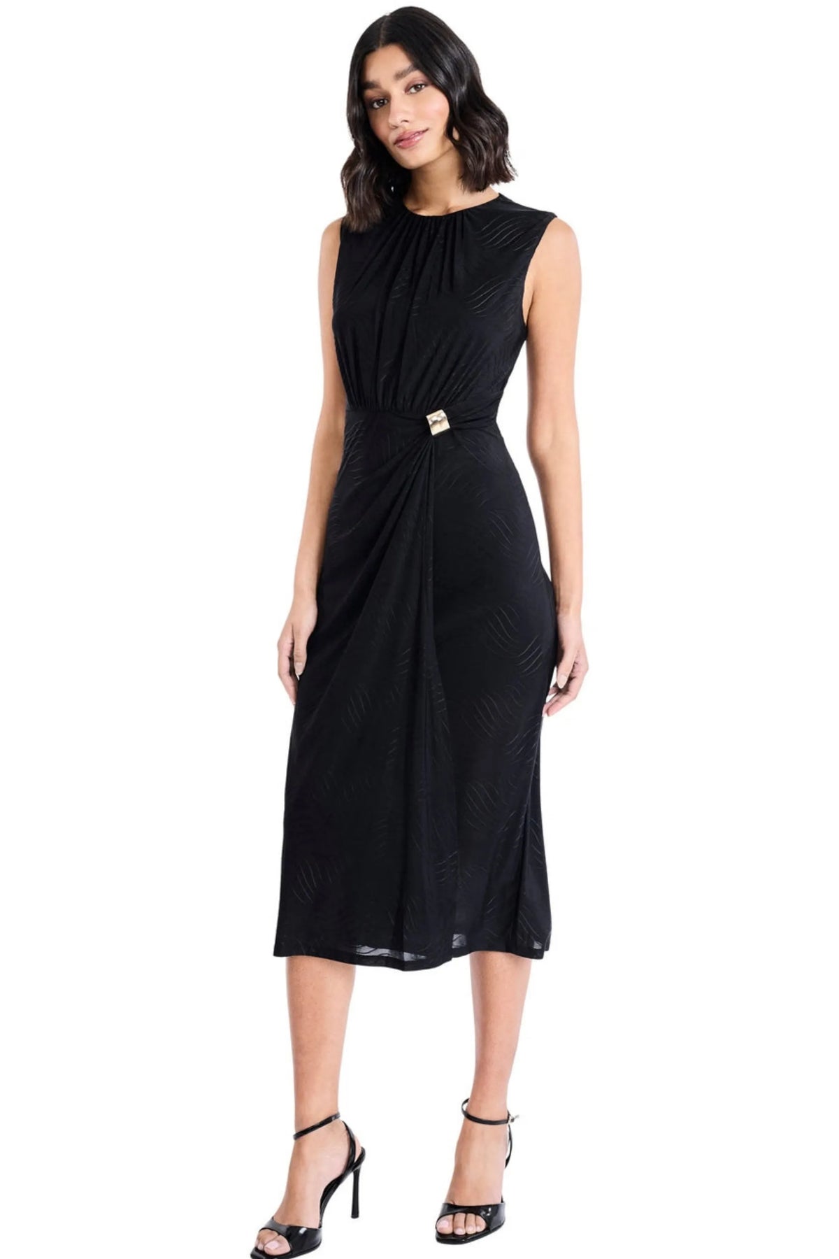 Maggy London Black Jacquard Drape Front Side-Buckle Midi Dress