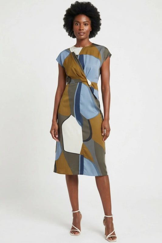 Maggy London Navy Blue Abstract Colorblock Side-Twist Sheath Dress