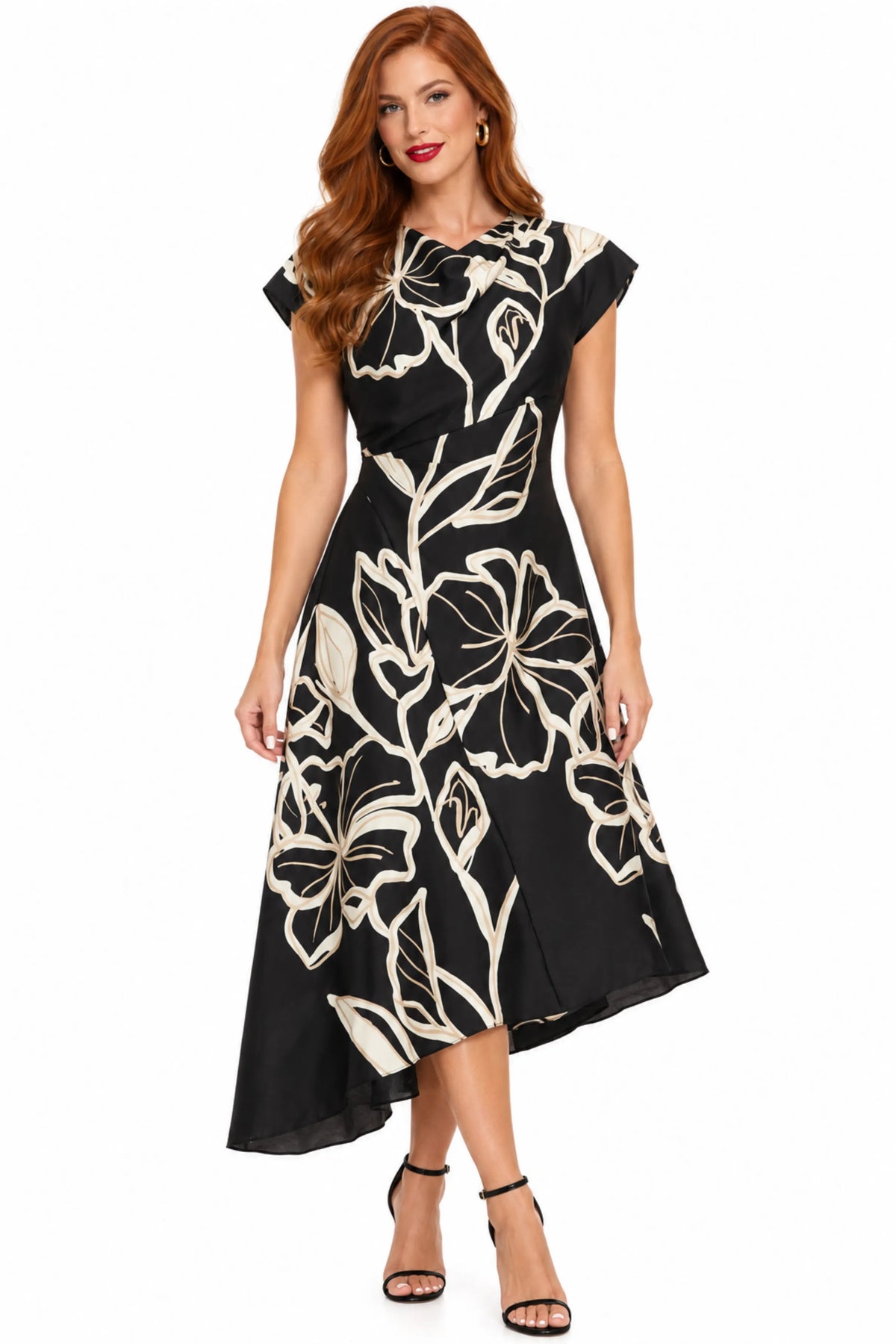 Maggy London Black Cream Floral Asymmetrical High-Low Midi Dress