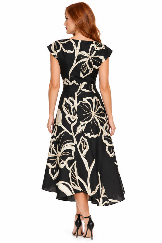 Maggy London Black Cream Floral Asymmetrical High-Low Midi Dress