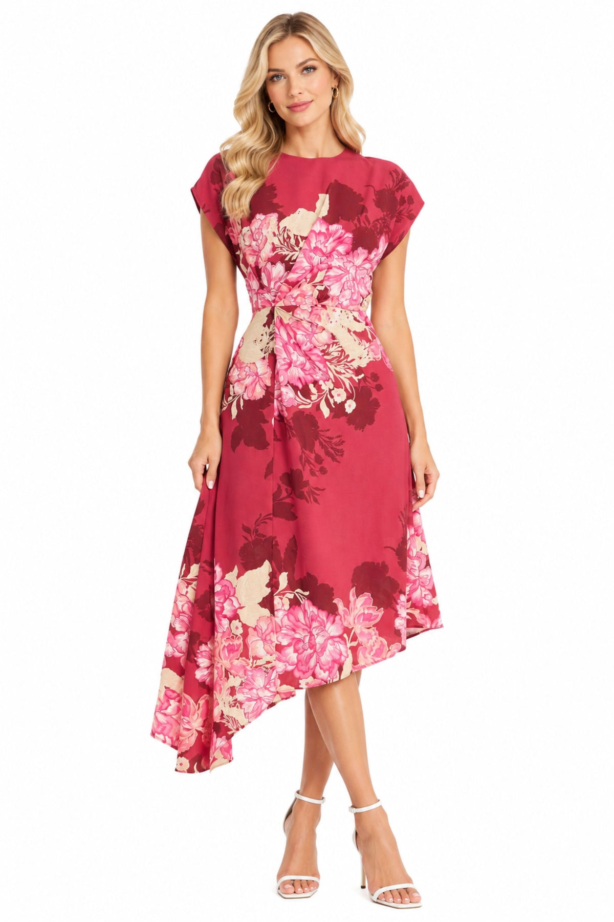 Maggy London Rose Pink Floral Asymmetrical Twist-Waist Midi Dress