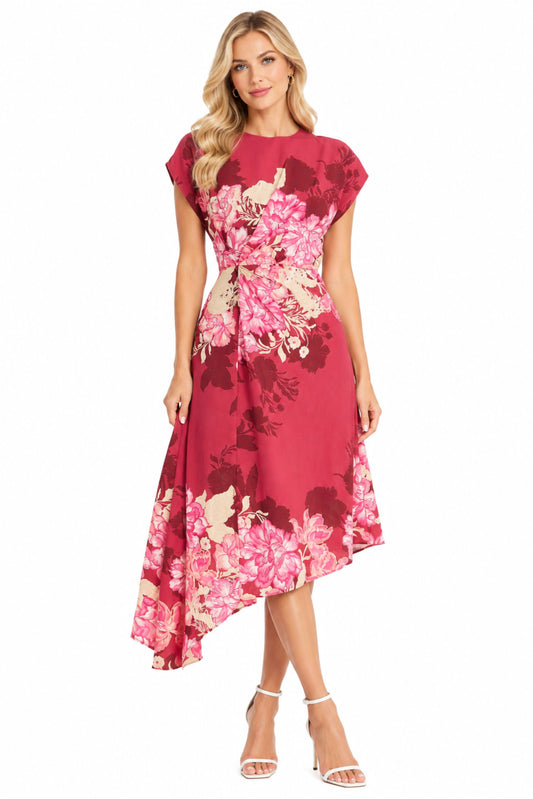 Maggy London Rose Pink Floral Asymmetrical Twist-Waist Midi Dress