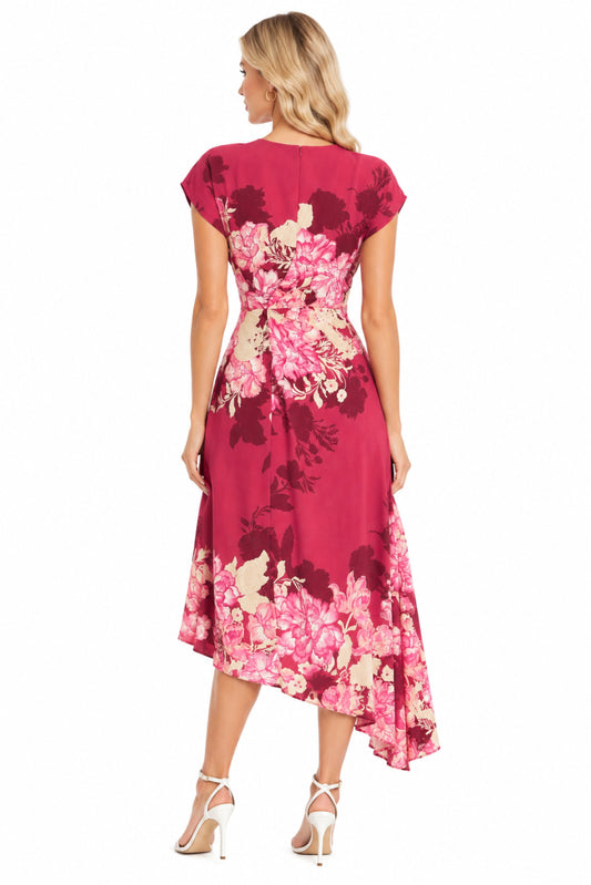 Maggy London Rose Pink Floral Asymmetrical Twist-Waist Midi Dress