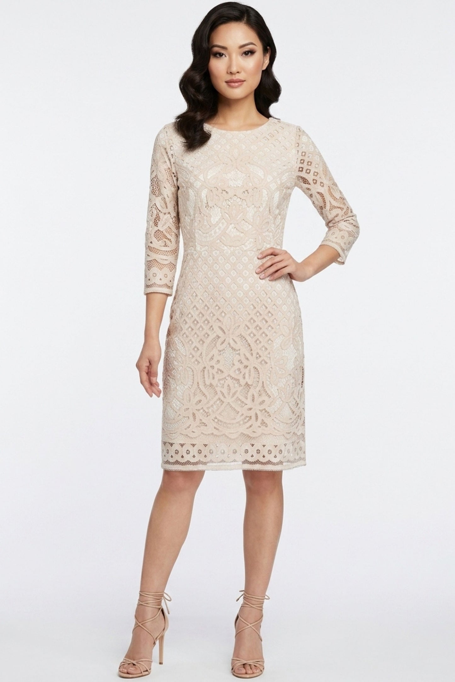 Gabby Skye Geometric Lace 3/4-Sleeve Party Dress