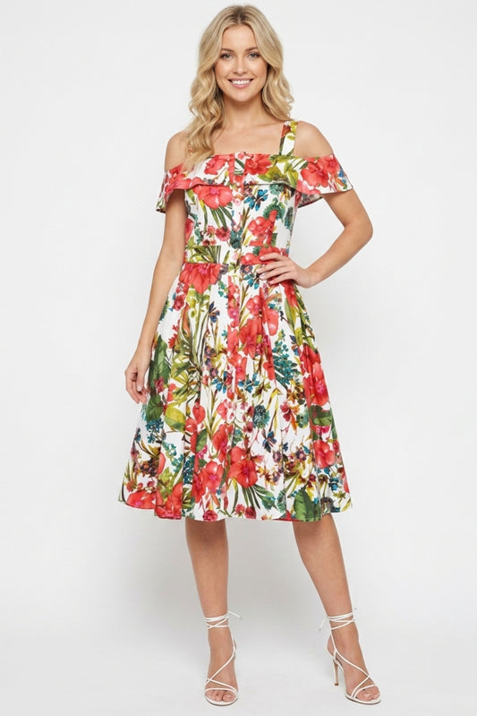 Gabby Skye Ivory & Coral Floral Cold-Shoulder Fit and Flare Party Dress