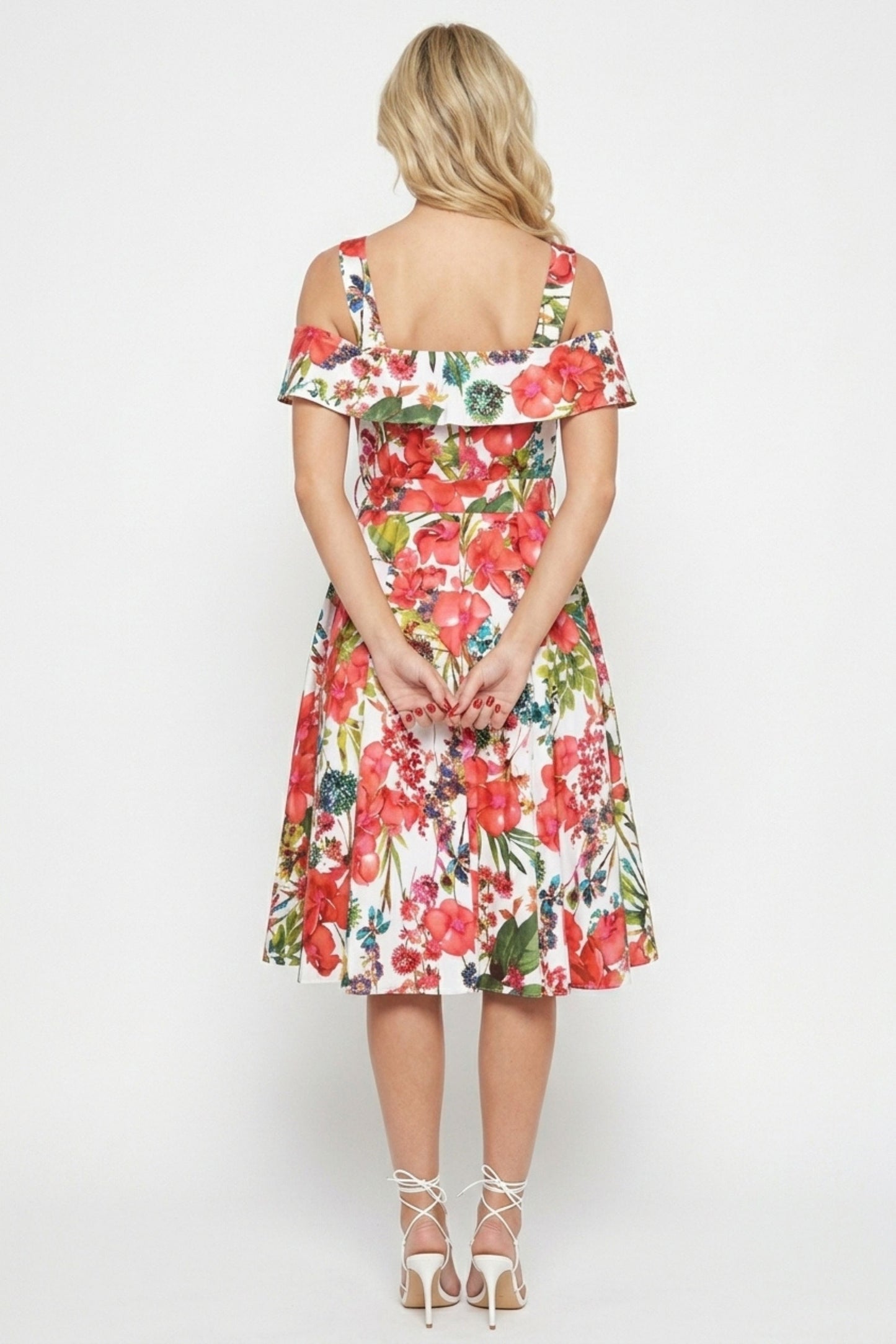 Gabby Skye Ivory & Coral Floral Cold-Shoulder Fit and Flare Party Dress