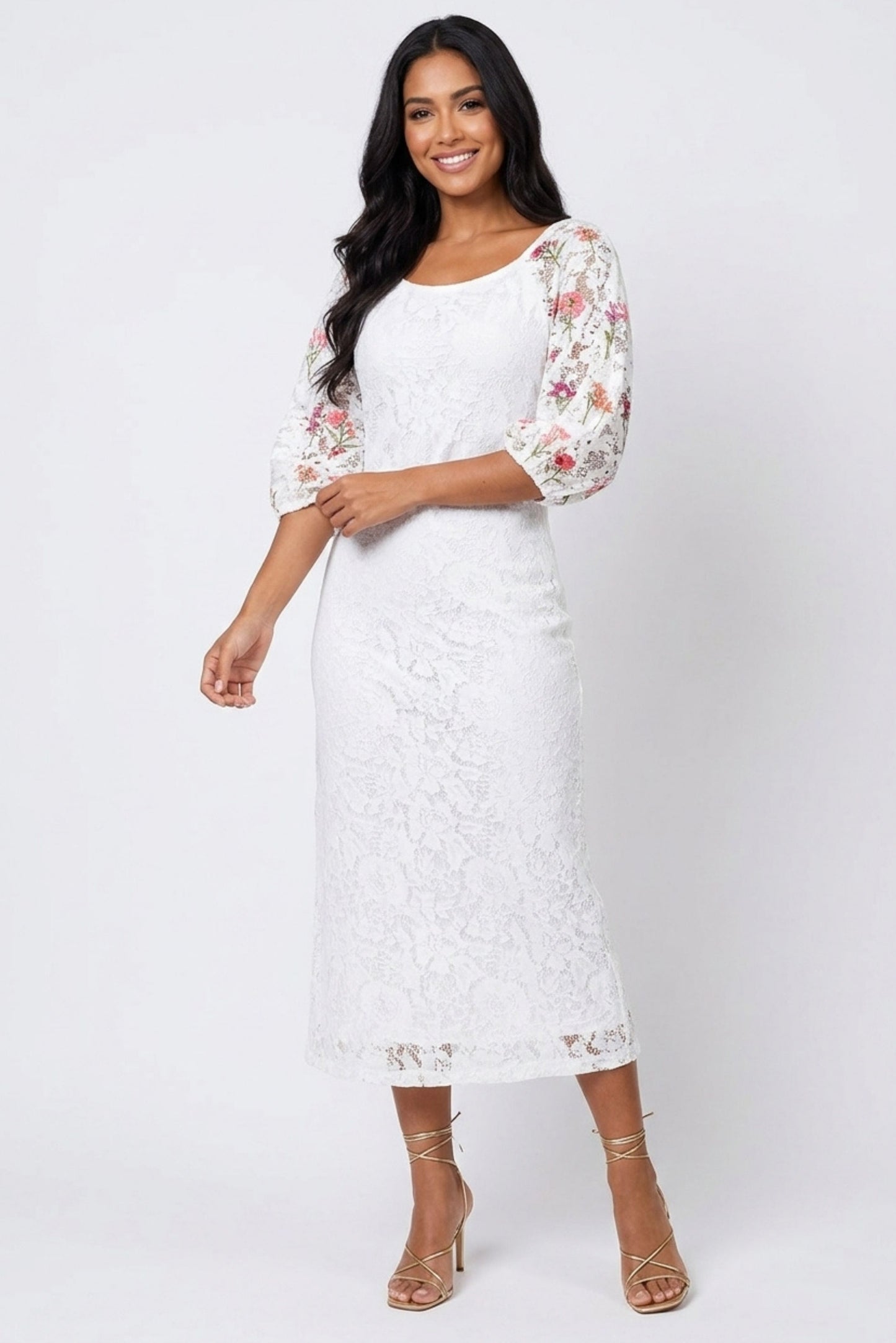Gabby Skye Ivory Lace Embroidered Puff-Sleeve Midi Party Dress