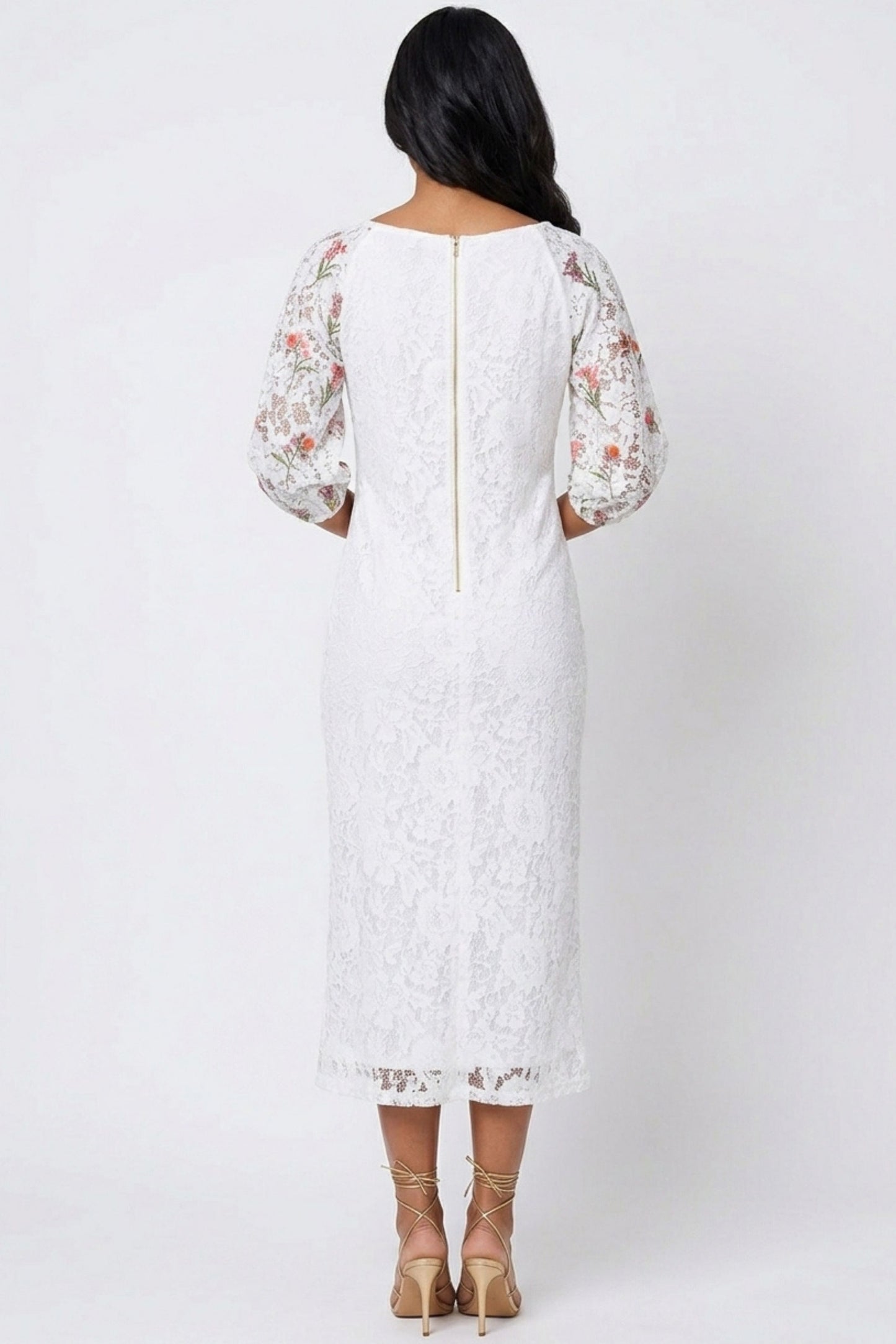 Gabby Skye Ivory Lace Embroidered Puff-Sleeve Midi Party Dress
