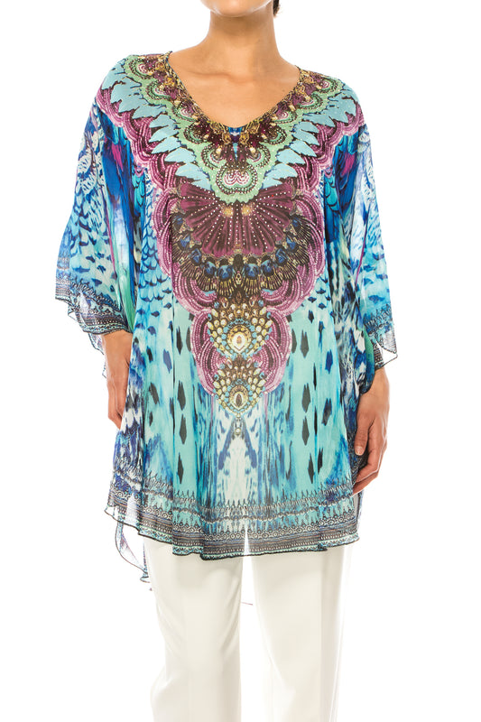 GRACE Purple Blue Multi Print Chiffon Poncho Top