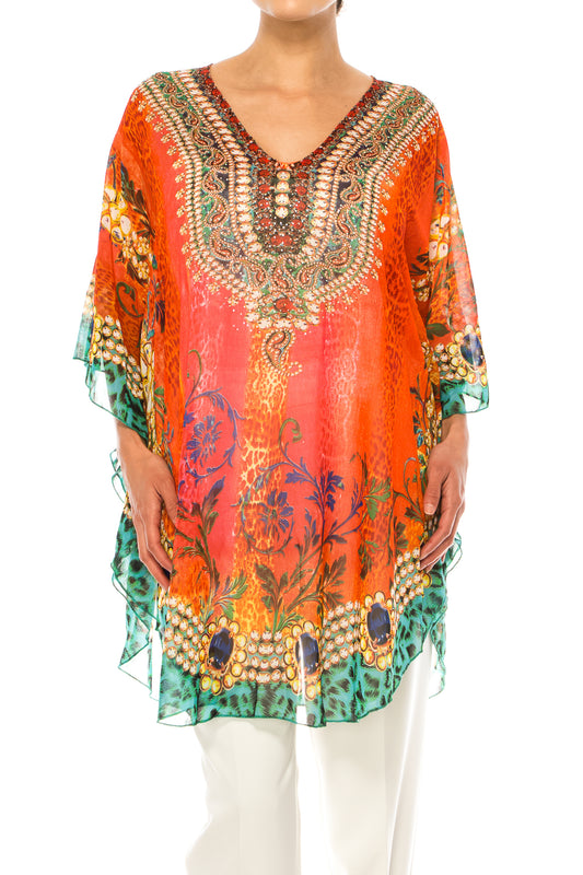 GRACE Orange Multi Print Chiffon Poncho Top