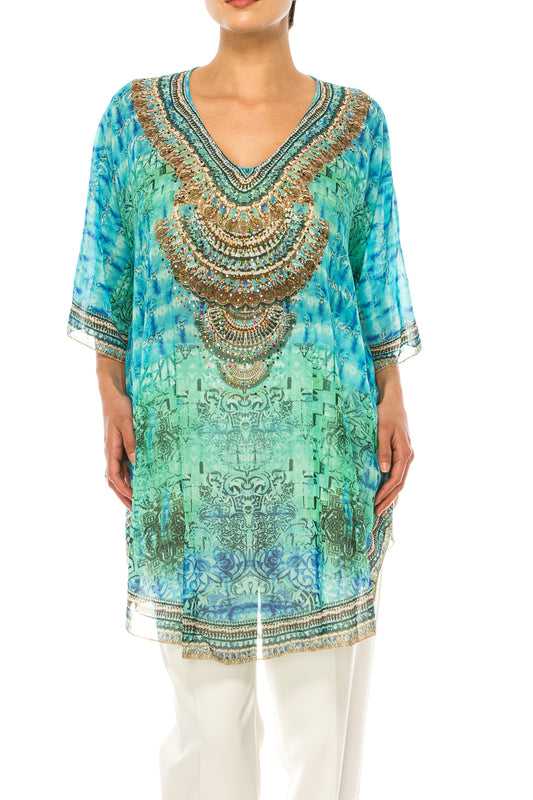GRACE Blue Green Multi Print Chiffon Poncho Top