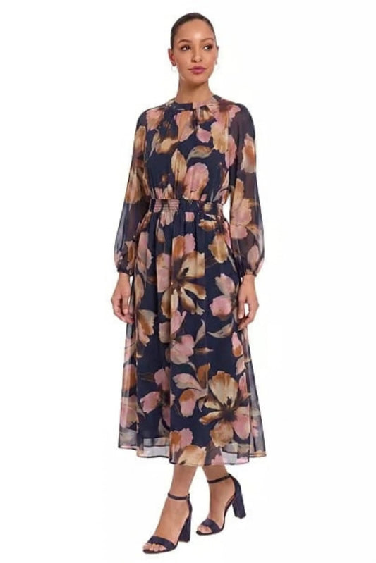 Maggy London Navy Multi Floral Chiffon Keyhole Midi Dress
