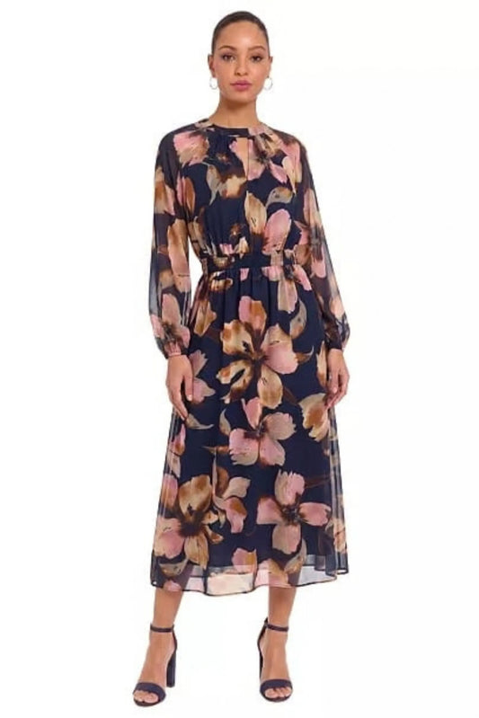Maggy London Navy Multi Floral Chiffon Keyhole Midi Dress