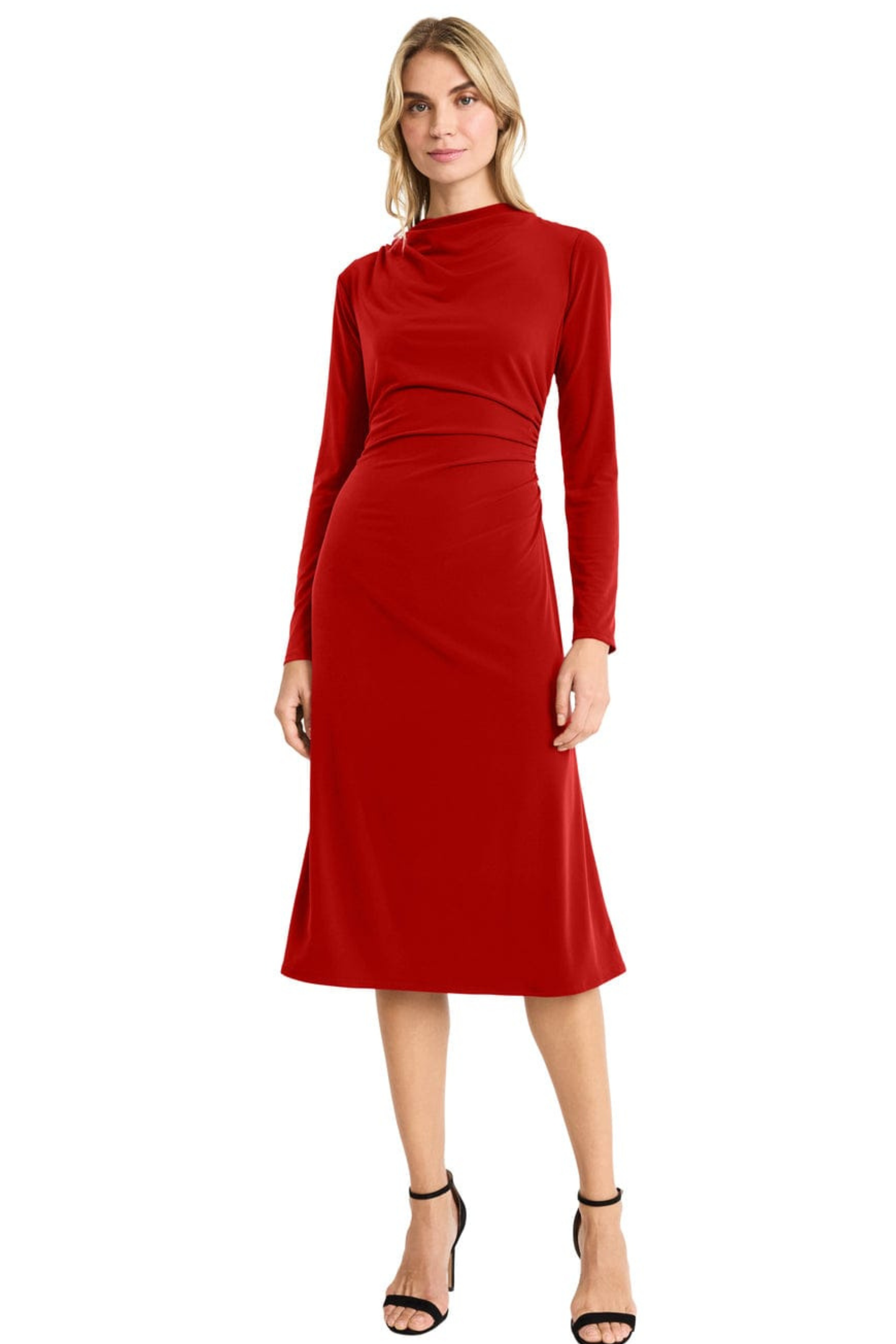 Maggy London Savvy Red Cowl-Neck Ruched Long-Sleeve Midi Dress