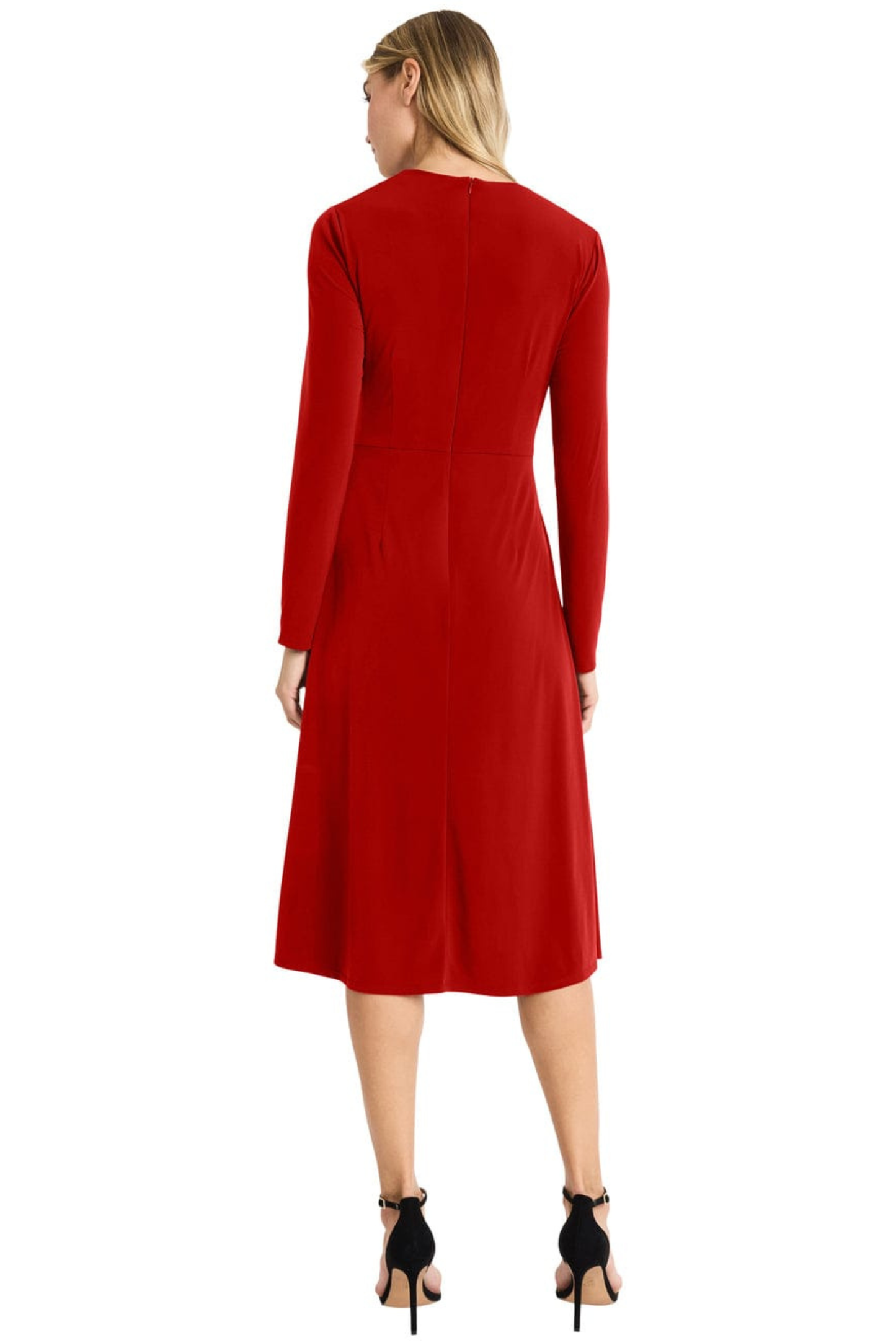 Maggy London Savvy Red Cowl-Neck Ruched Long-Sleeve Midi Dress