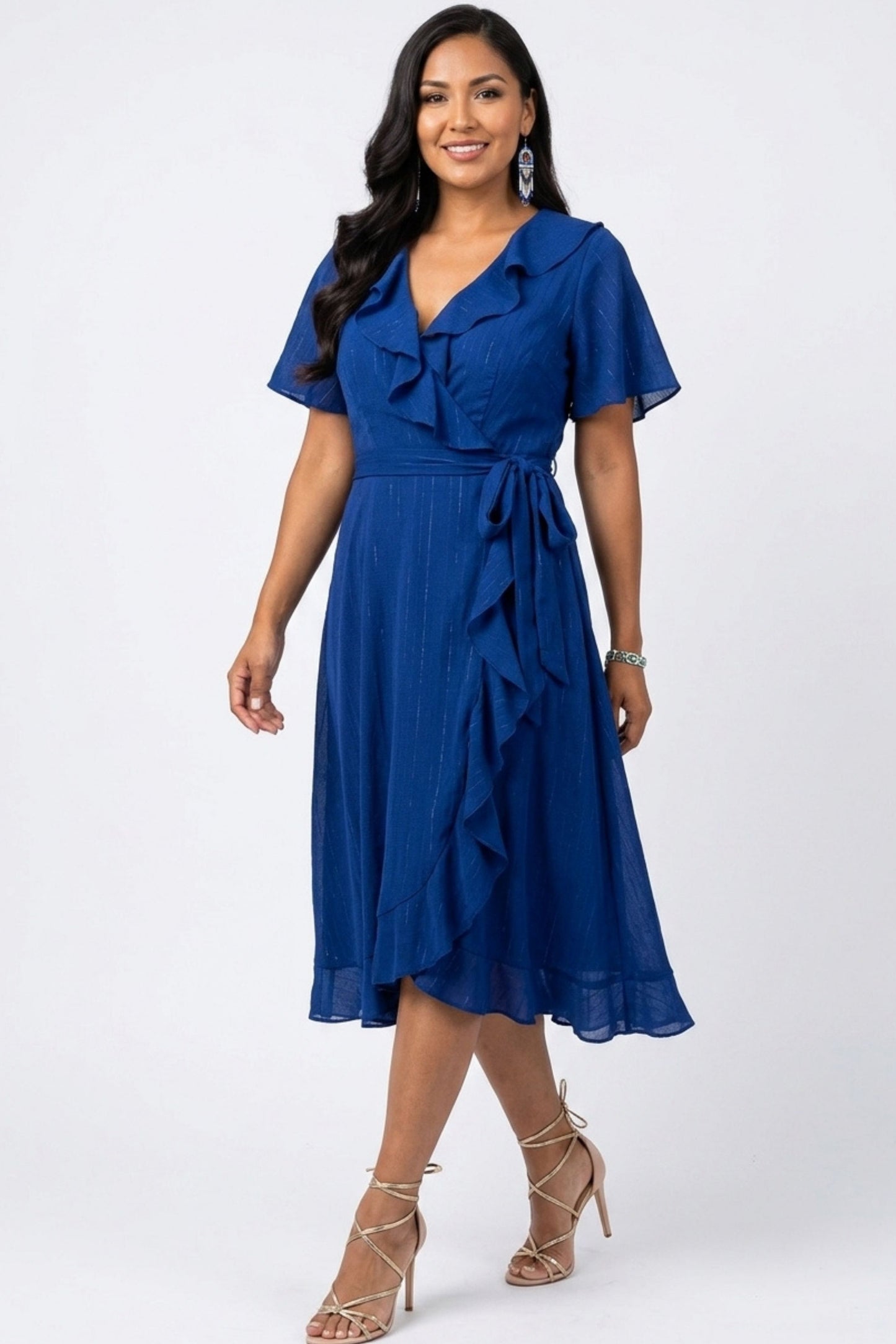 Gabby Skye Shimmer Ruffle Wrap Midi Party Dress