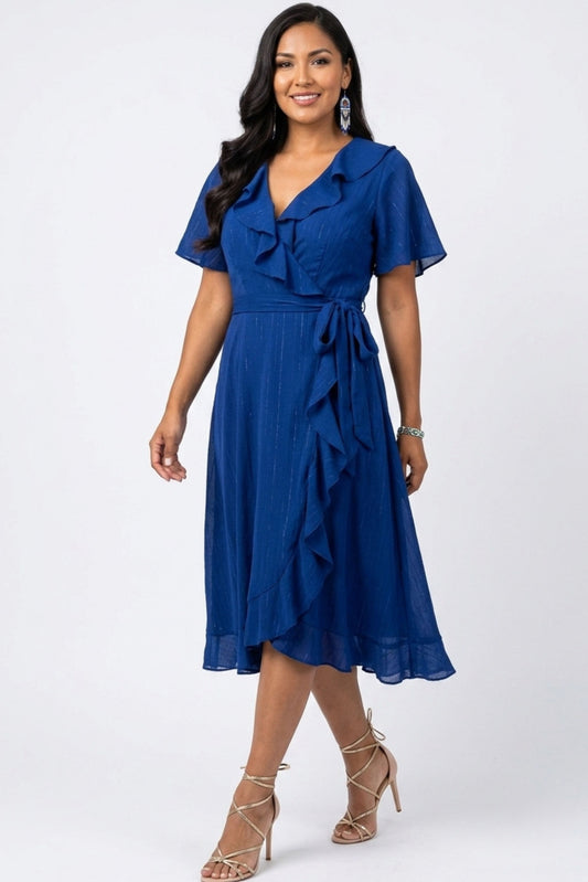 Gabby Skye Shimmer Ruffle Wrap Midi Party Dress