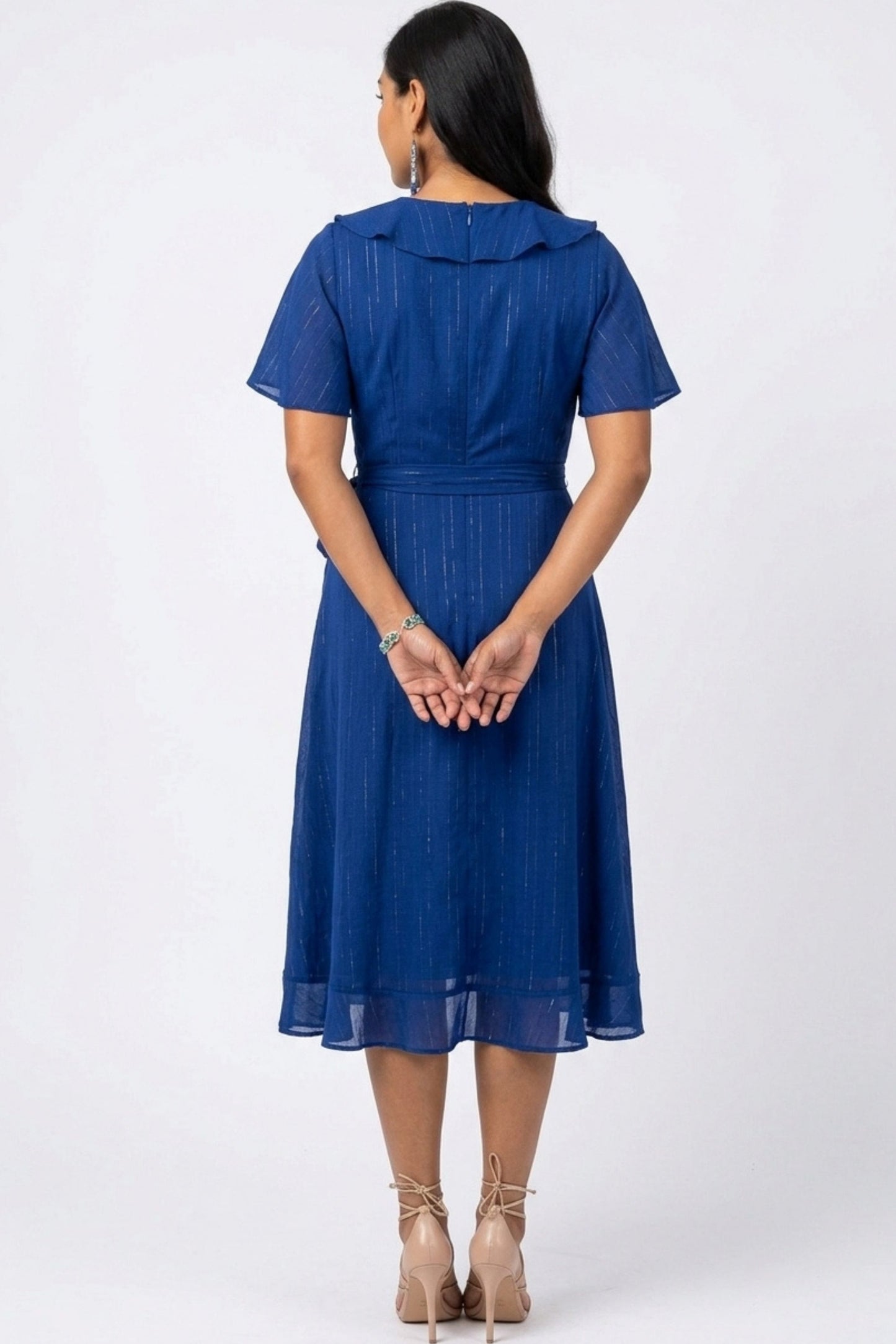 Gabby Skye Shimmer Ruffle Wrap Midi Party Dress