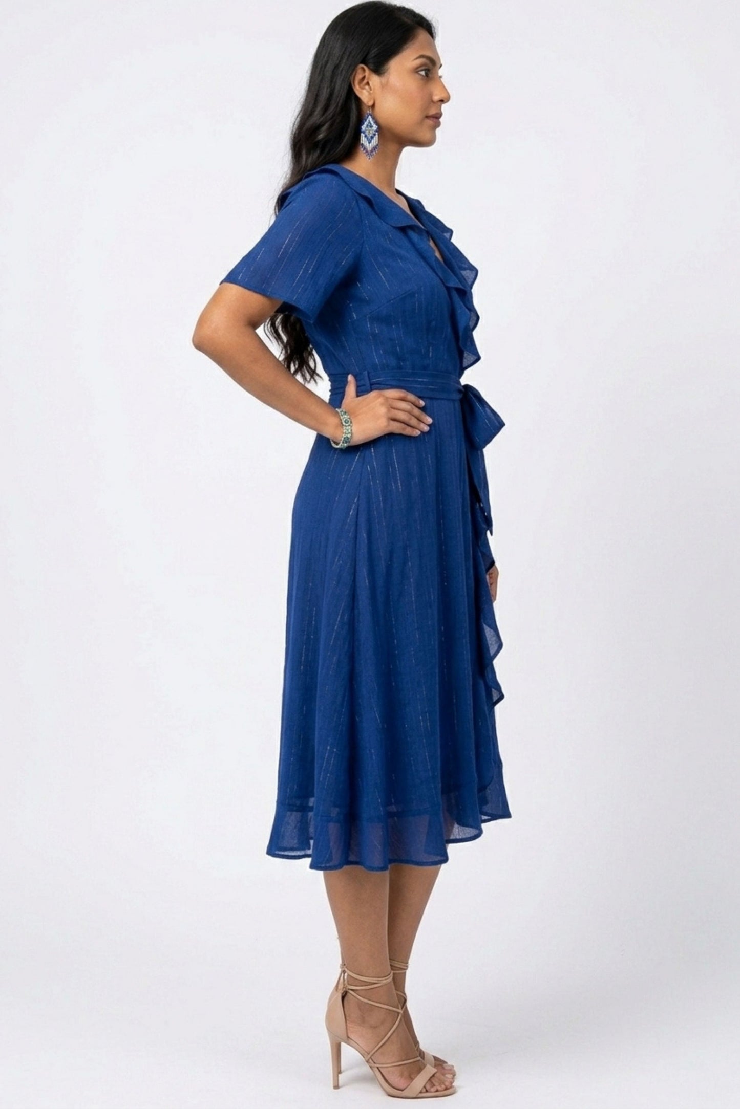 Gabby Skye Shimmer Ruffle Wrap Midi Party Dress