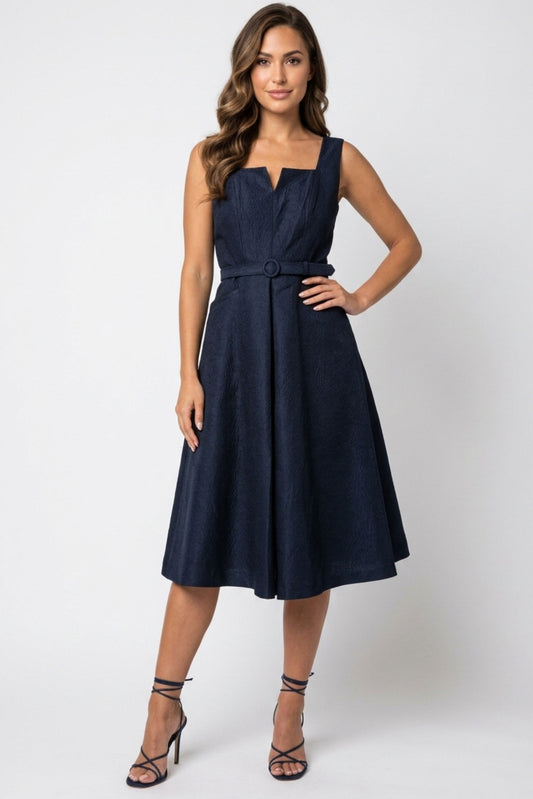 Gabby Skye Square-Neck Belted A-Line Party Dress