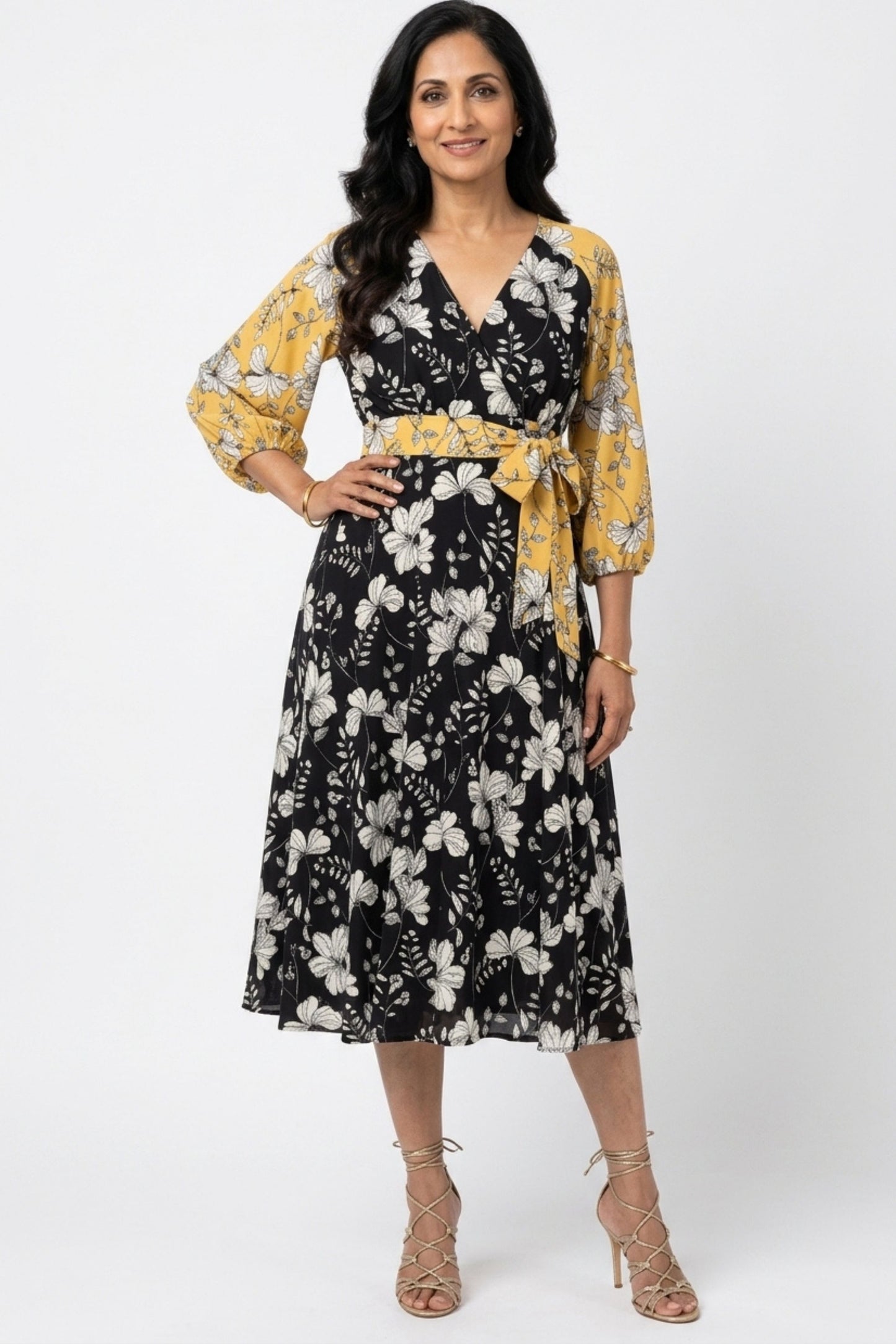 Gabby Skye Lemon Yellow & Black Floral Mixed-Print Faux-Wrap Party Dress