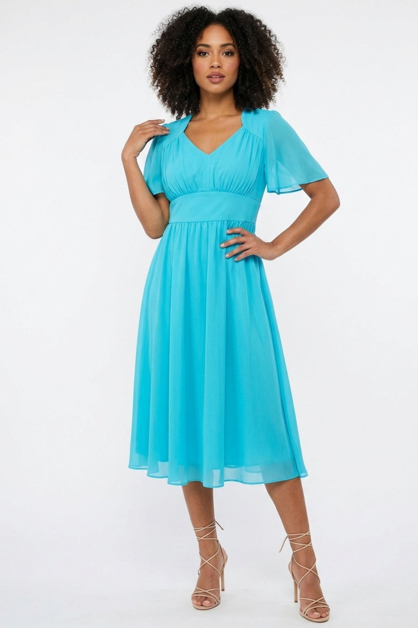 Gabby Skye Turquoise Chiffon Flutter-Sleeve Midi Party Dress