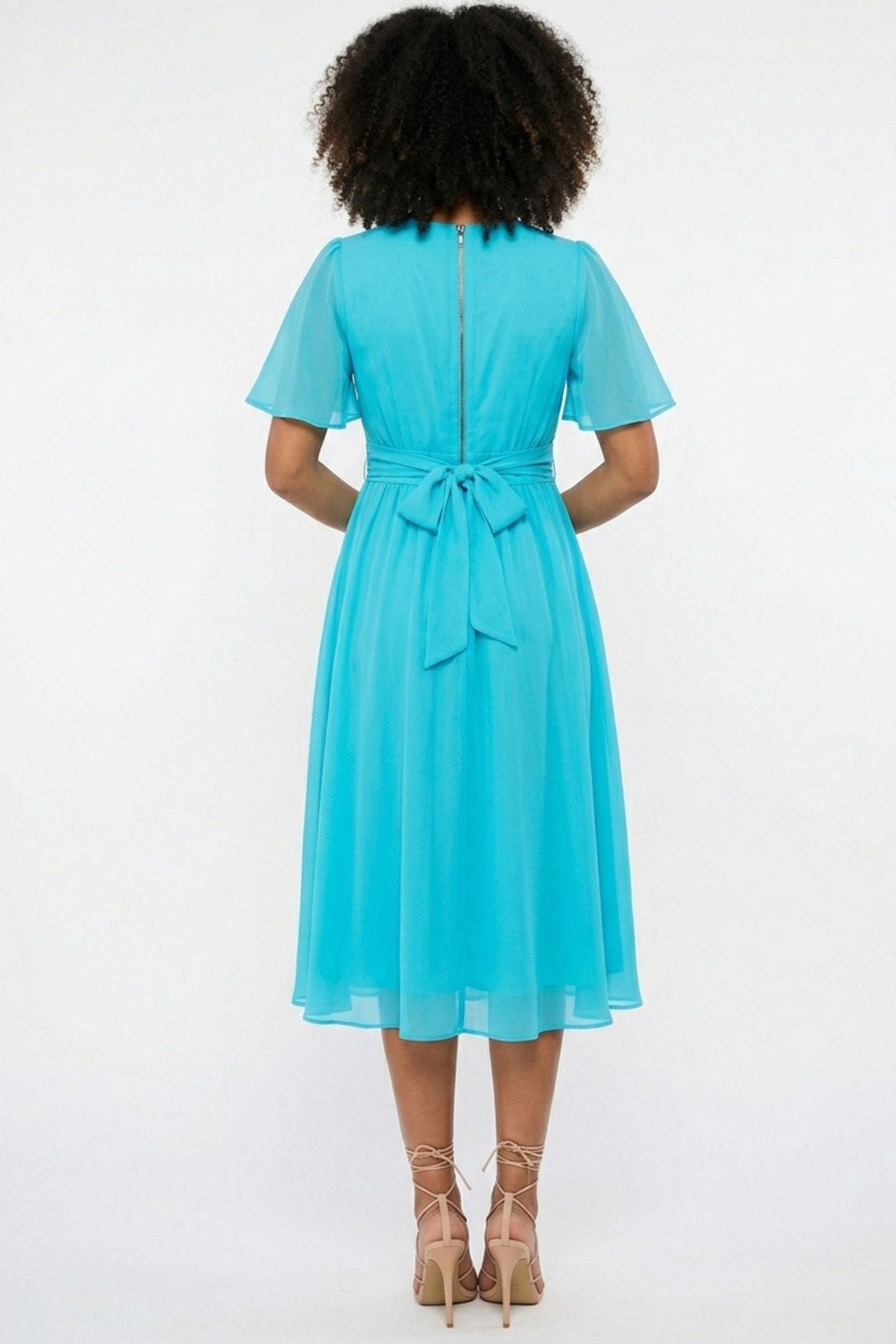 Gabby Skye Turquoise Chiffon Flutter-Sleeve Midi Party Dress
