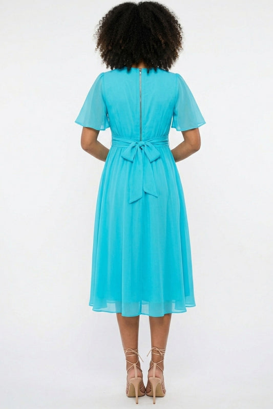 Gabby Skye Turquoise Chiffon Flutter-Sleeve Midi Party Dress